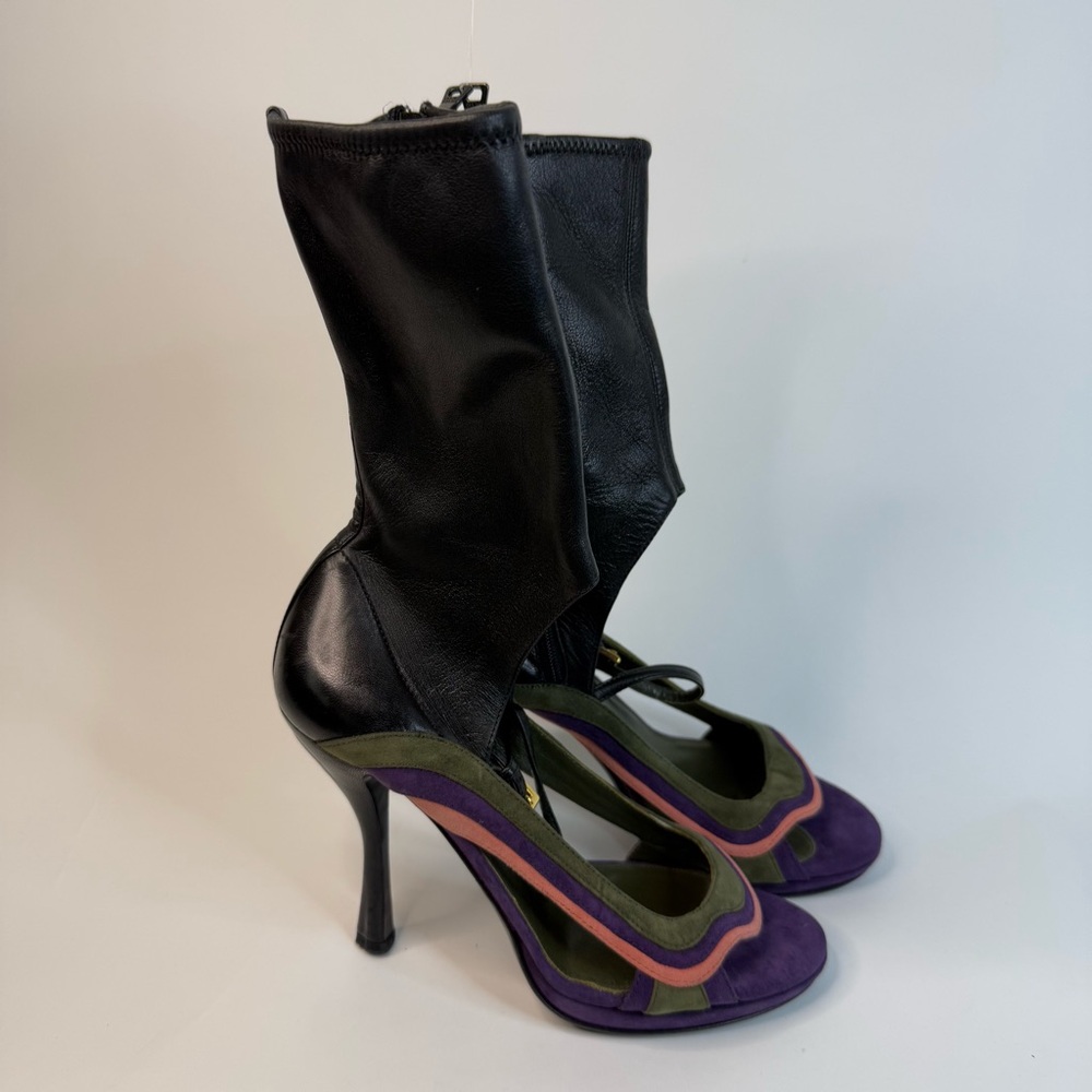 Prada Women’s Suede Colorblock Heels with Ankle Strap and Leather Zip-up Boot
